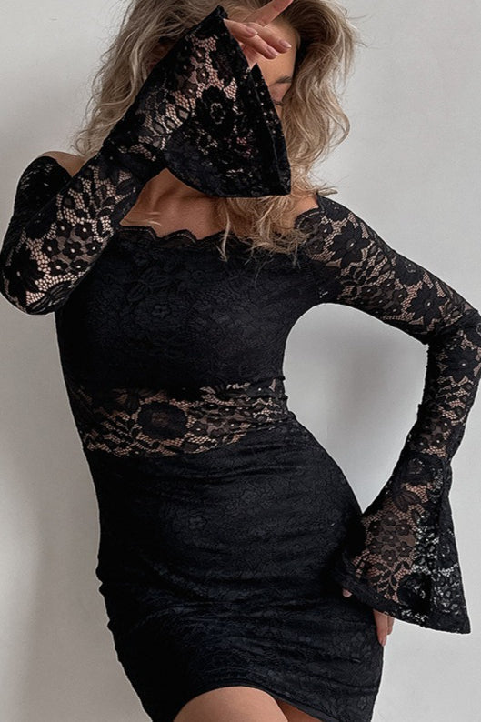 Off Shoulder Scalloped Lace Wide Bell Sleeve Bodycon Mini Dress