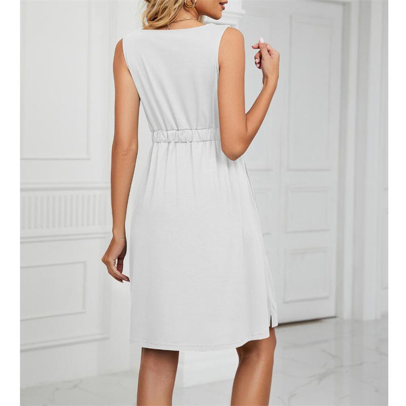 Solid Color Sleeveless Mini Dress with Button Details