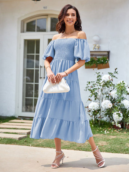 Summer Midi Dress Pink Bateau Neck Pleated Beach Dress