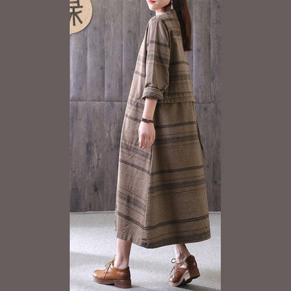 100% chocolate striped clothes stand collar drawstring Maxi Dress