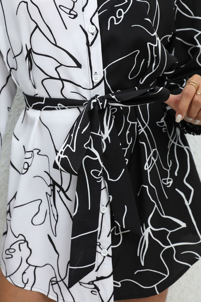 Long Sleeves Loose Contrast Color Printed Split-Joint Tied Waist Lapel Mini Dresses Shirt Dress