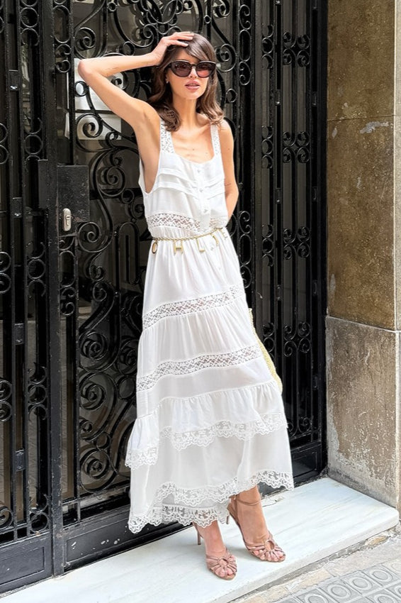 | Lace Patchwork Ruffle Maxi Dress