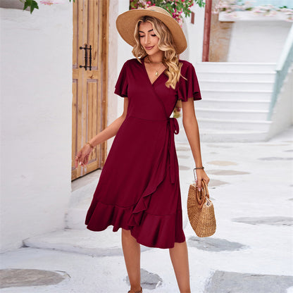 V-Neck Short Sleeve Irregular Midi Dress in Various Colors