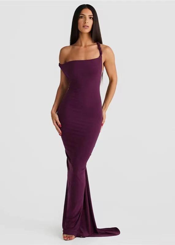 One Shoulder Asymmetric Drape Twisted Strap Bodycon Maxi Dress