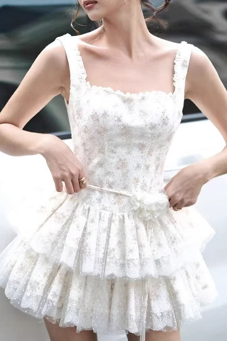 Square Neck Ruffle Strap Corset Bodice Tiered Lace Trim Floral Mini Dress