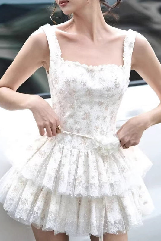 Square Neck Ruffle Strap Corset Bodice Tiered Lace Trim Floral Mini Dress