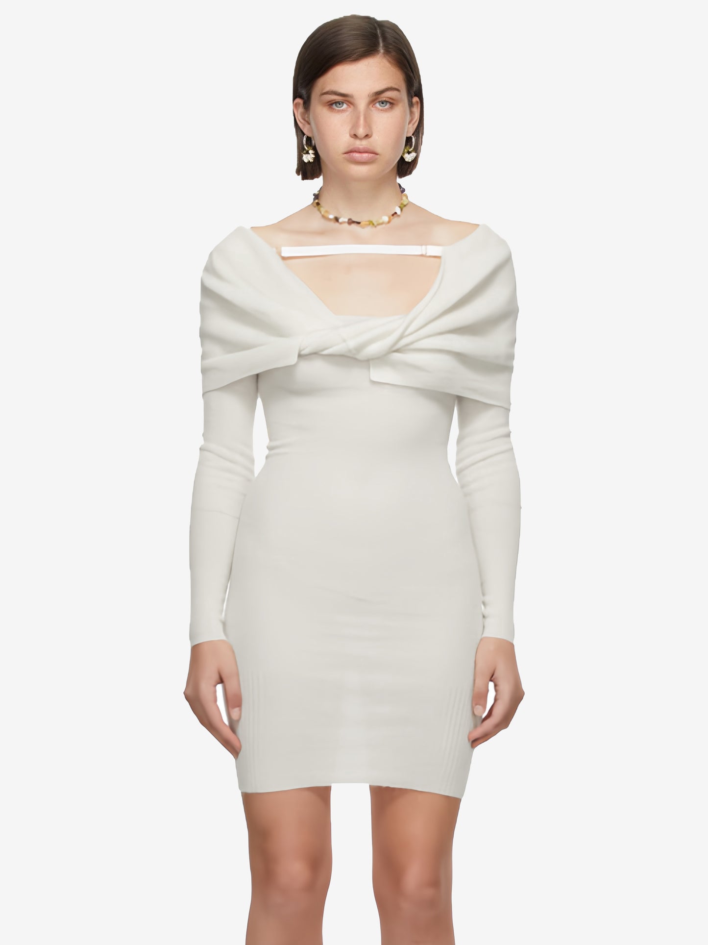White Bodycon Dress Foldover Long Sleeves Twisted-Front Pencil Mini Dresses