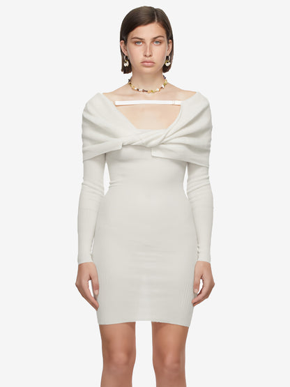 White Bodycon Dress Foldover Long Sleeves Twisted-Front Pencil Mini Dresses