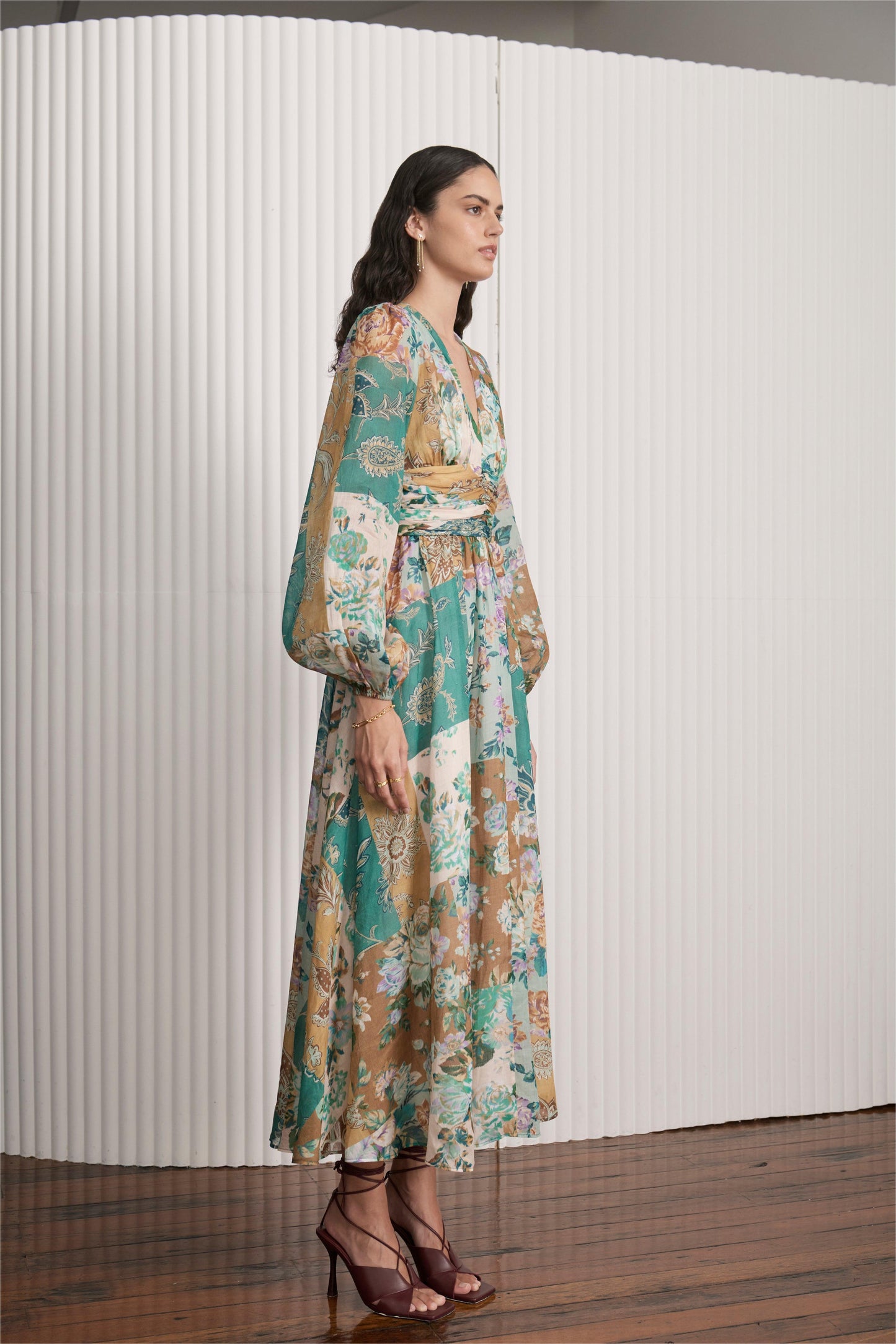 Printed Long Sleeve V-Neck Midi Dress