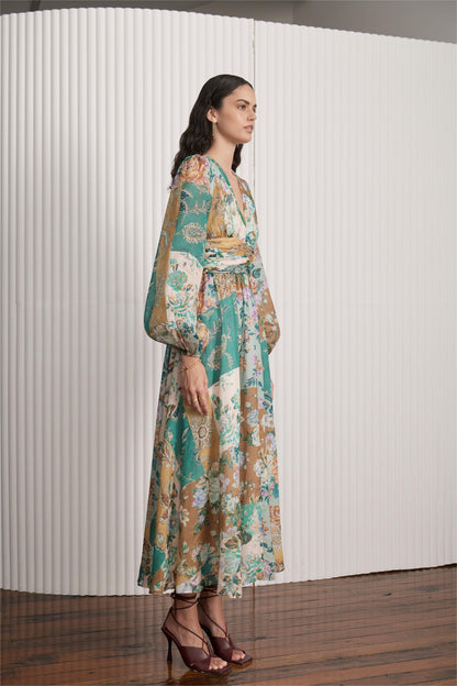 Printed Long Sleeve V-Neck Midi Dress