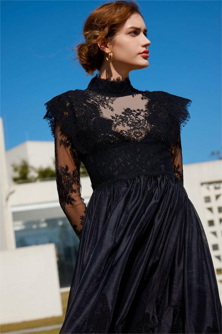 Lace High Neck Long Sleeve Midi Dress