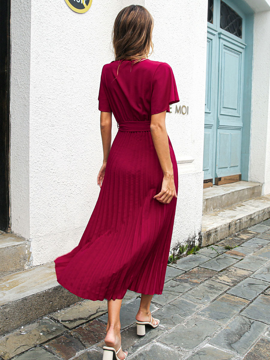 Lace Up Fashionable Dress V-Neck Short Sleeves Midi Dress