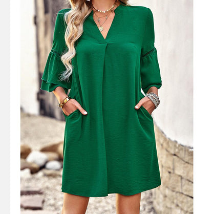 V-Neck Ruffle Sleeve Pocket Mini Dress in Four Colors