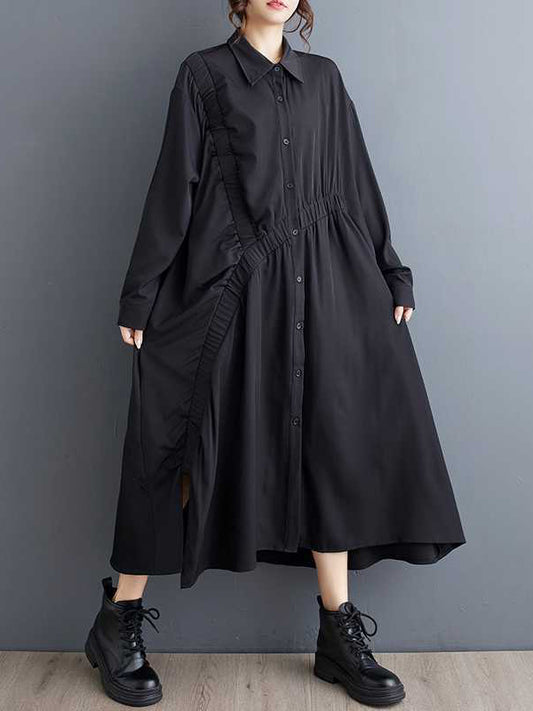 A-Line Long Sleeves Asymmetric Buttoned Elasticity Pleated Pockets Solid Color Lapel Midi Dresses Shirt Dress