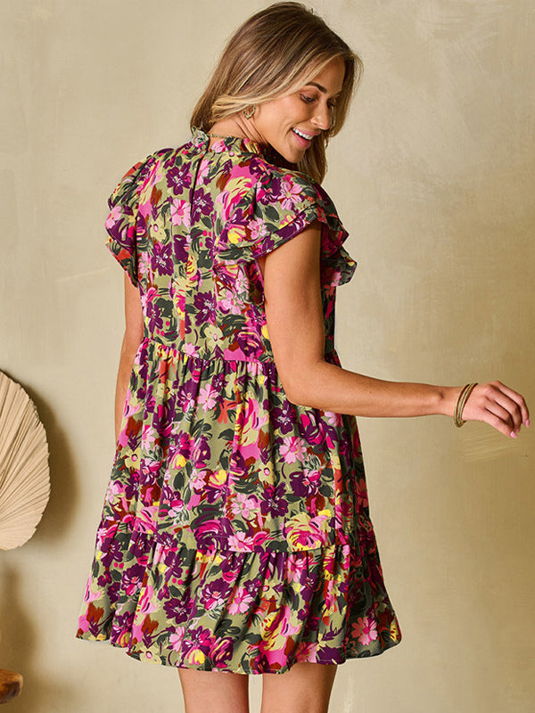 Floral Tunic Dress Ruffles Sleeveless Round Neck Casual Summer Mini Dresses