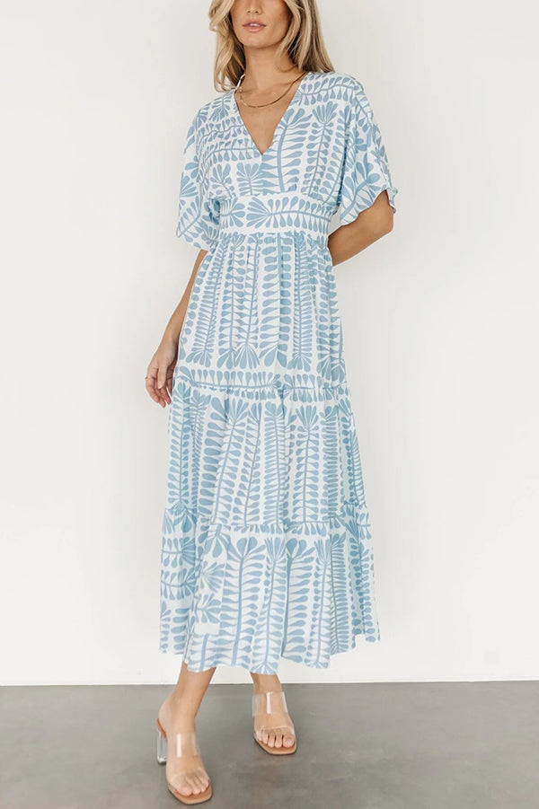 Bohemian Style Unique Printed Short Sleeve High Waist Midi Dress