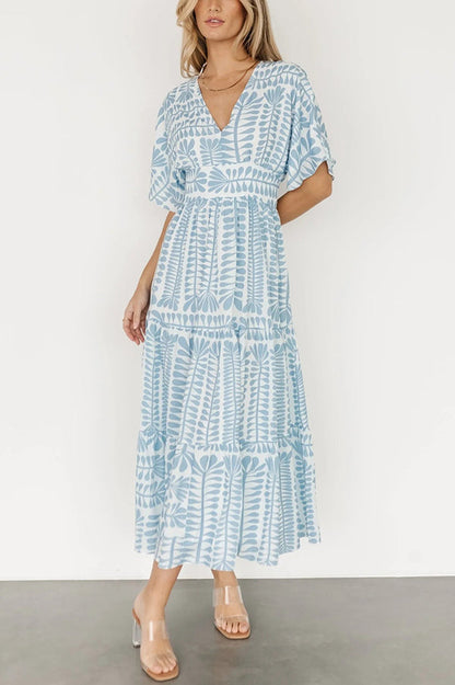 Bohemian Style Unique Printed Short Sleeve High Waist Midi Dress