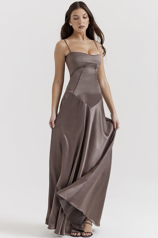 Satin Corset Bustier Spaghetti Strap Basque Waist A-Line Maxi Gown