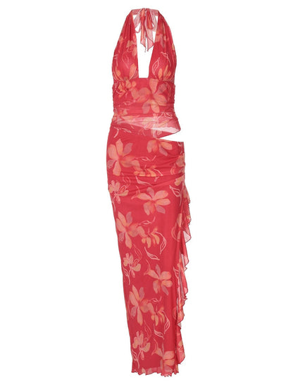 Deep V-neck Strapless Dress With Cropped Waist And Halter Neck