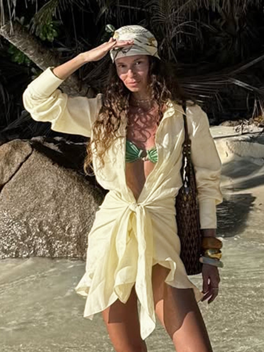 Pure Cotton Lapel Hip-hugging Shirts Mini&Short Dresses