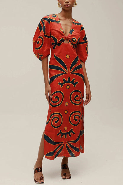 Margovil Knot Front Cut Out Puff Sleeves Side Slit Printed Midi Dress