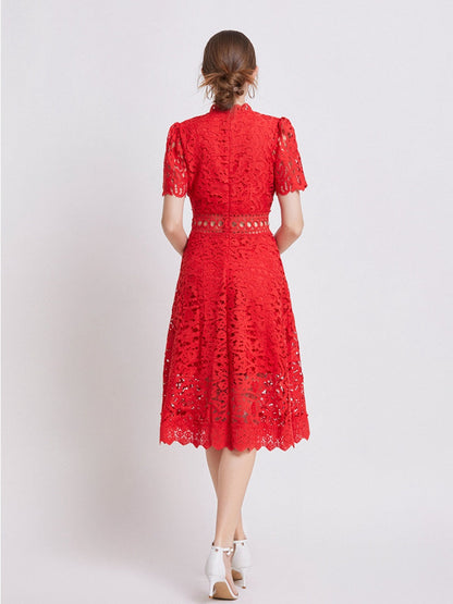 Lace Waist-cinching Hollow-out Midi Dress