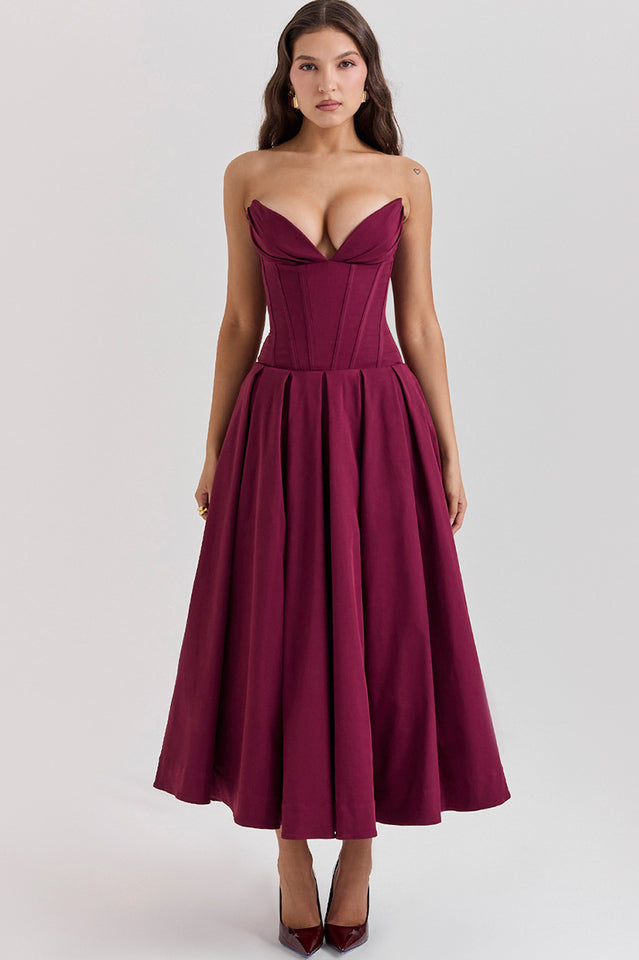 Strapless Deep Plunge Corset Boned Pleated A-Line Midi Dress