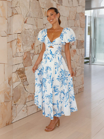 Printed Puff Sleeve Sweetheart Collar Vacation Maxi Dresses