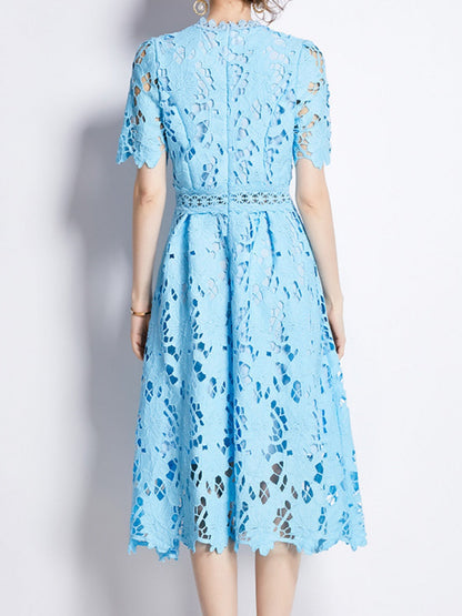 Water-soluble Lace Short-sleeved Slim-fit Midi Dress