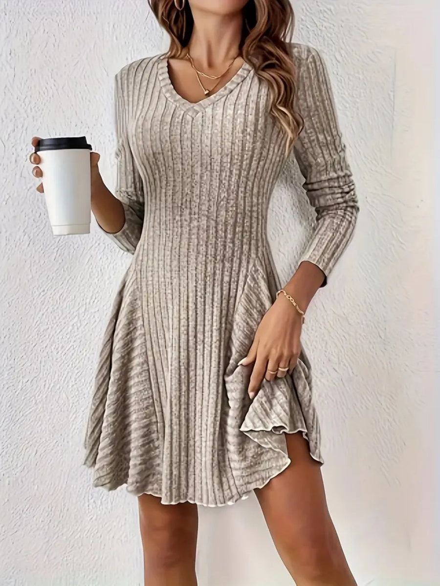 Pit Strip Knitting V-neck Long Sleeve Long Skirt Mini&Short Dresses
