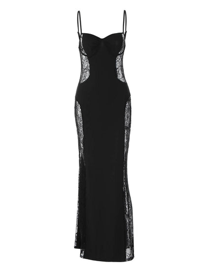 Patchwork Lace Hollow-out Waist-cinching Hip-hugging Spaghetti Strap Long Dress