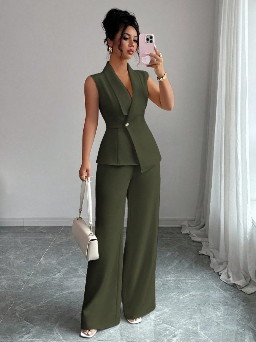 Commuting Sleeveless Suit Collar Vests Straight-leg Pants Set 2-piece Sets