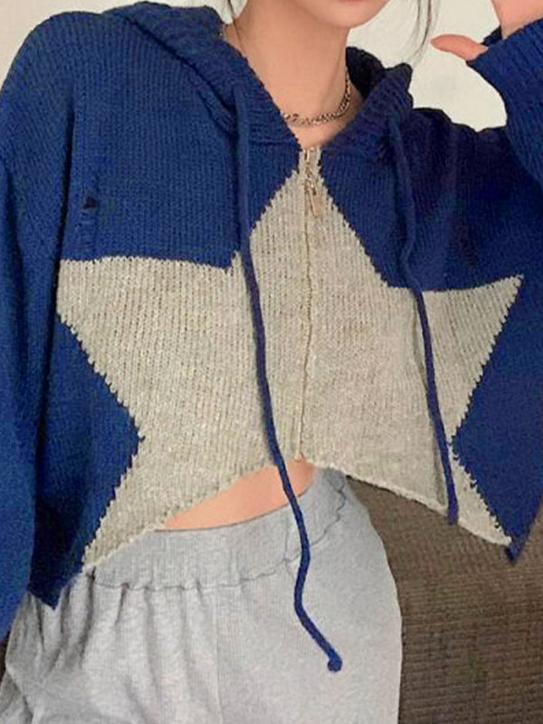 Contrast Color Star Hooded Crop Cardigan