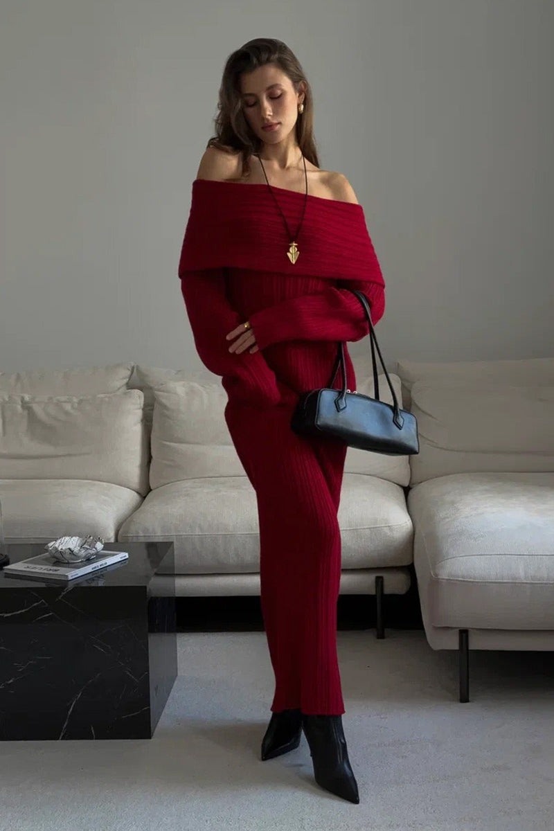 | Solid Off Shoulder Bodycon Knit Maxi Dress
