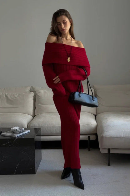 | Solid Off Shoulder Bodycon Knit Maxi Dress