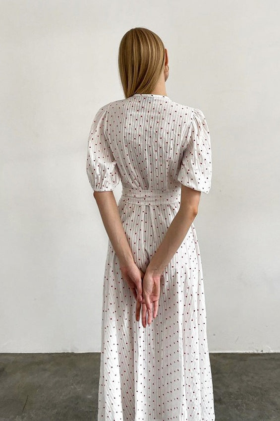 Heart Print Puff Sleeve Wrap V-Neck Front Slit Midi Dress