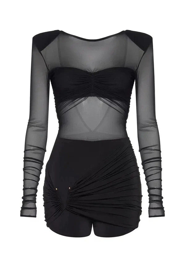 Sexy Mesh See-through Long-sleeved Backless Pleated Rompers