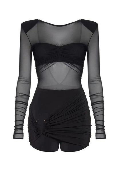 Sexy Mesh See-through Long-sleeved Backless Pleated Rompers