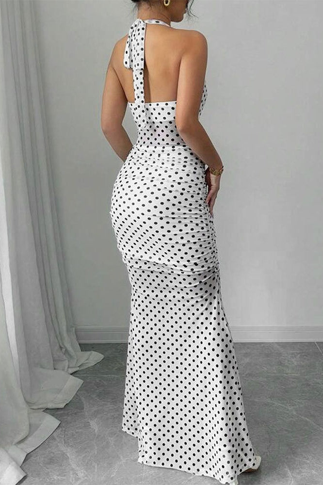 Polka Dot Print Halter Sweetheart Ruched Cascading Ruffle Bodycon Midi Dress