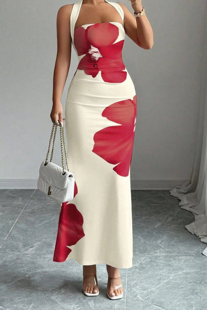 Halter Cutout Bust Large Floral Print Mermaid Maxi Gown