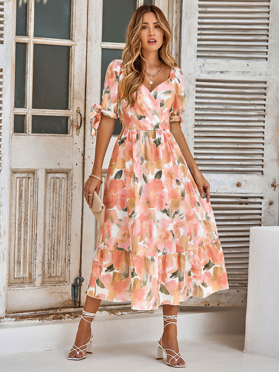 Floral Dress V-Neck Short Sleeves Casual Printed Midi Dress