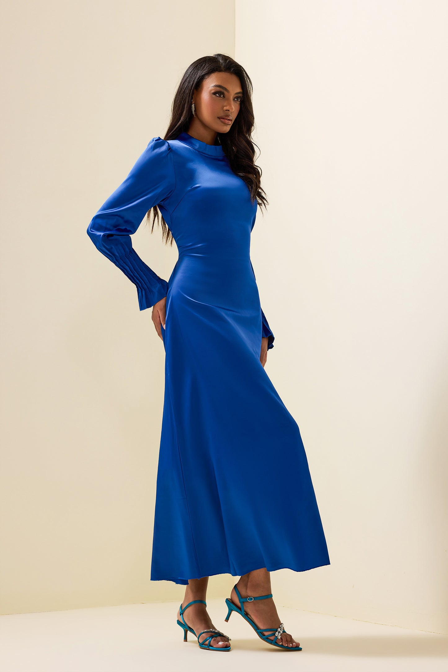 Solid Satin Lantern Sleeve Midi Dress