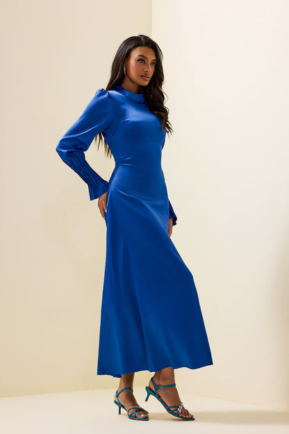 Solid Satin Lantern Sleeve Midi Dress