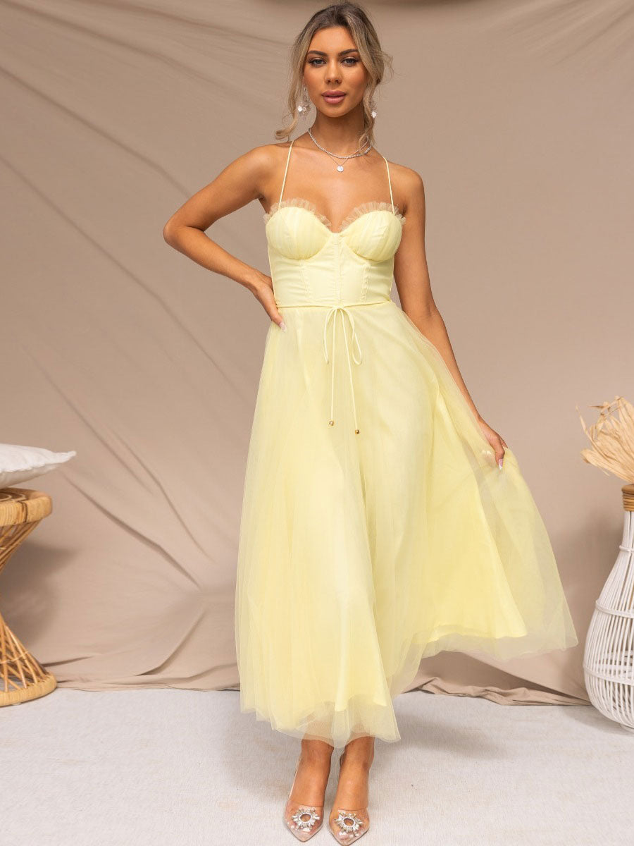 Corest Midi Dress Spaghetti Straps Shirred Lace-up Tulle Skirt Dresses