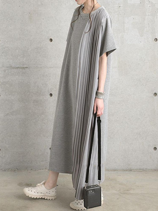 Loose Short Sleeves Pleated Solid Color Split-Joint Round-Neck Midi Dresses