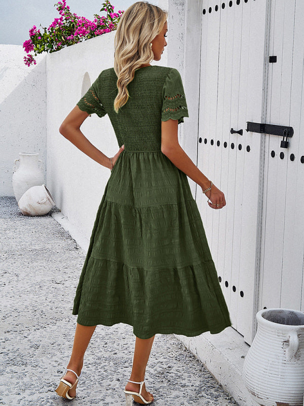 Blue Zone Planet | Solid Color Short Sleeve Cutout Midi Dress