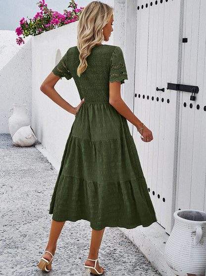 Blue Zone Planet | Solid Color Short Sleeve Cutout Midi Dress