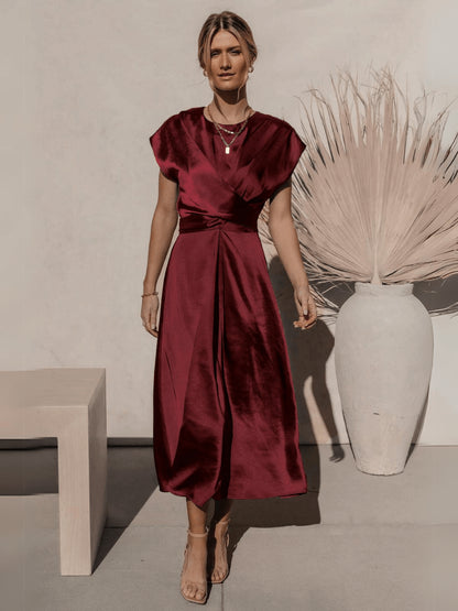 Theia Satin Short Sleeve Midi Dress - Burgundy
