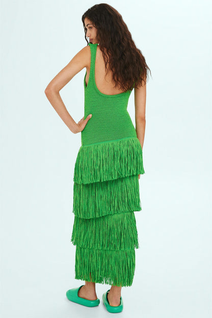 Knit Solid Tassel Sleeveless Midi Dress