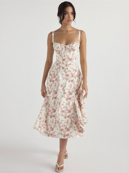 Floral Dress Midi Dress Dresses Floral Print High-slit Straps Neck Sleeveless Bohemian Summer